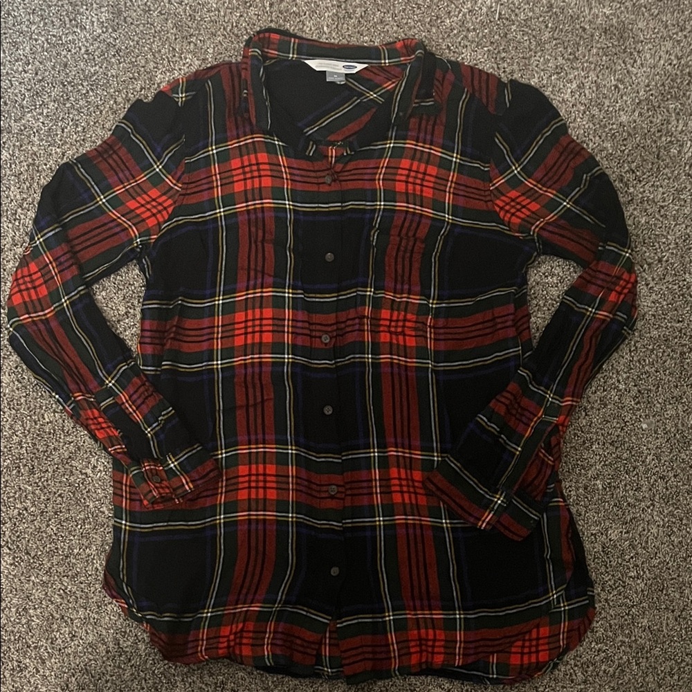 Red and black with blue  Plaid Button-Up Shirt